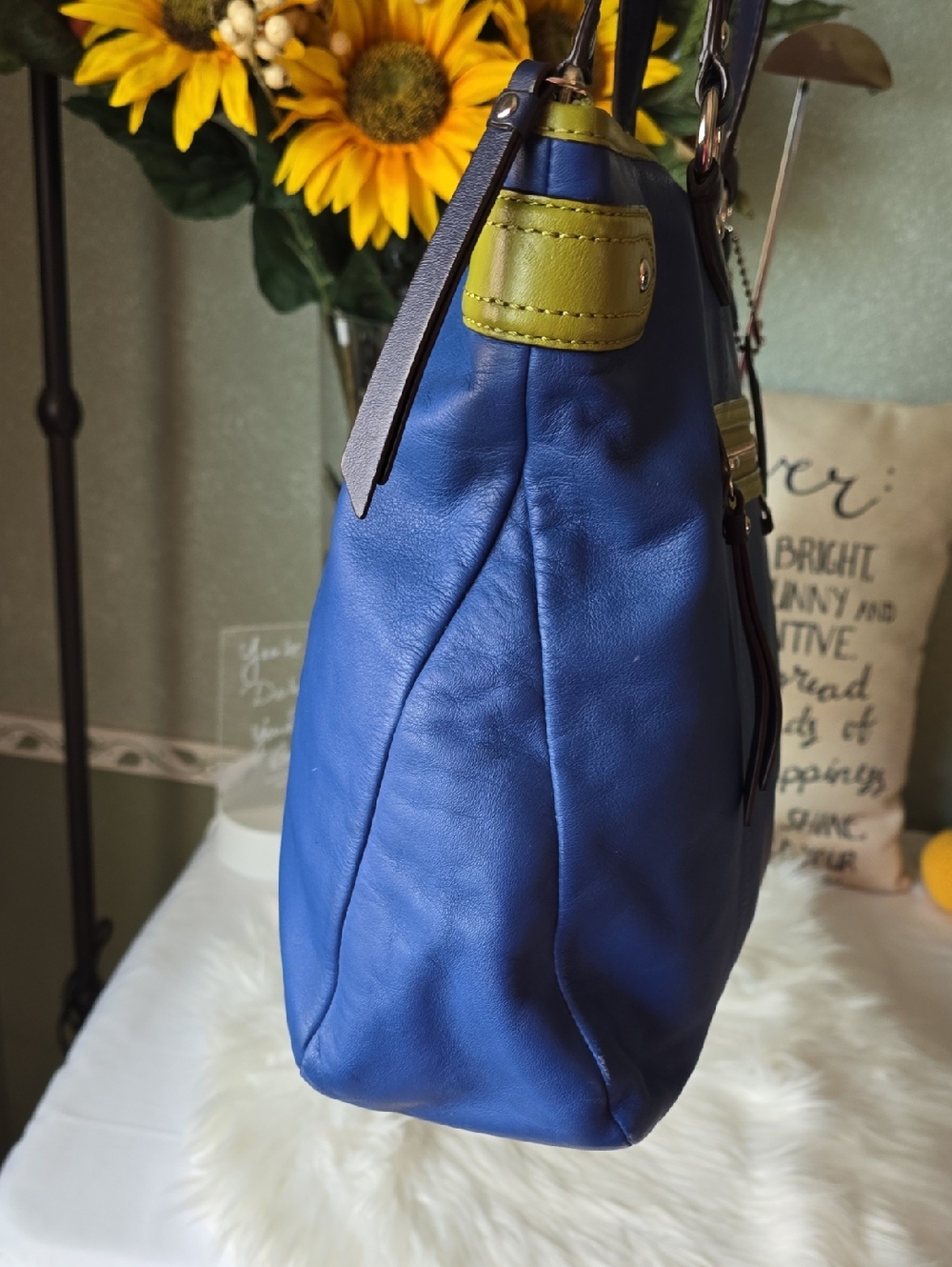 Coach Daisy Spectator Blue Leather Tote with Lime Trim and Navy Blue Handles - Picture 5 of 15